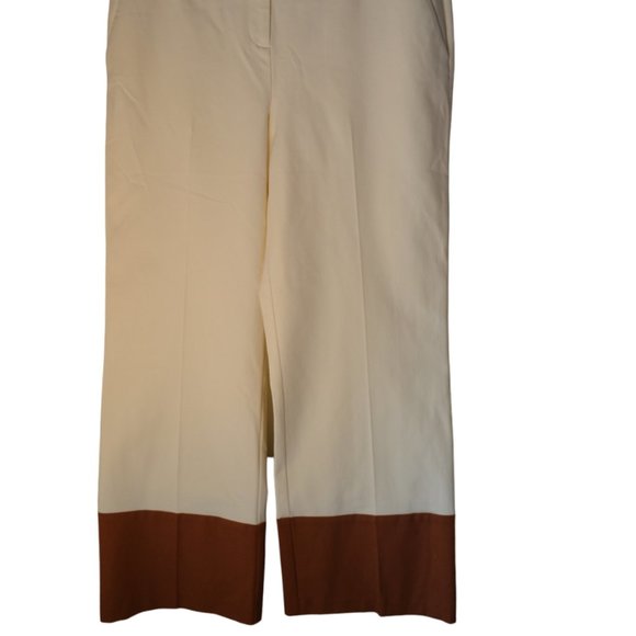 ALFANI Elegant Cream with Brown cuffs Cotton-Rayon Wide Leg Dress Pants Women 12 - Picture 2 of 8